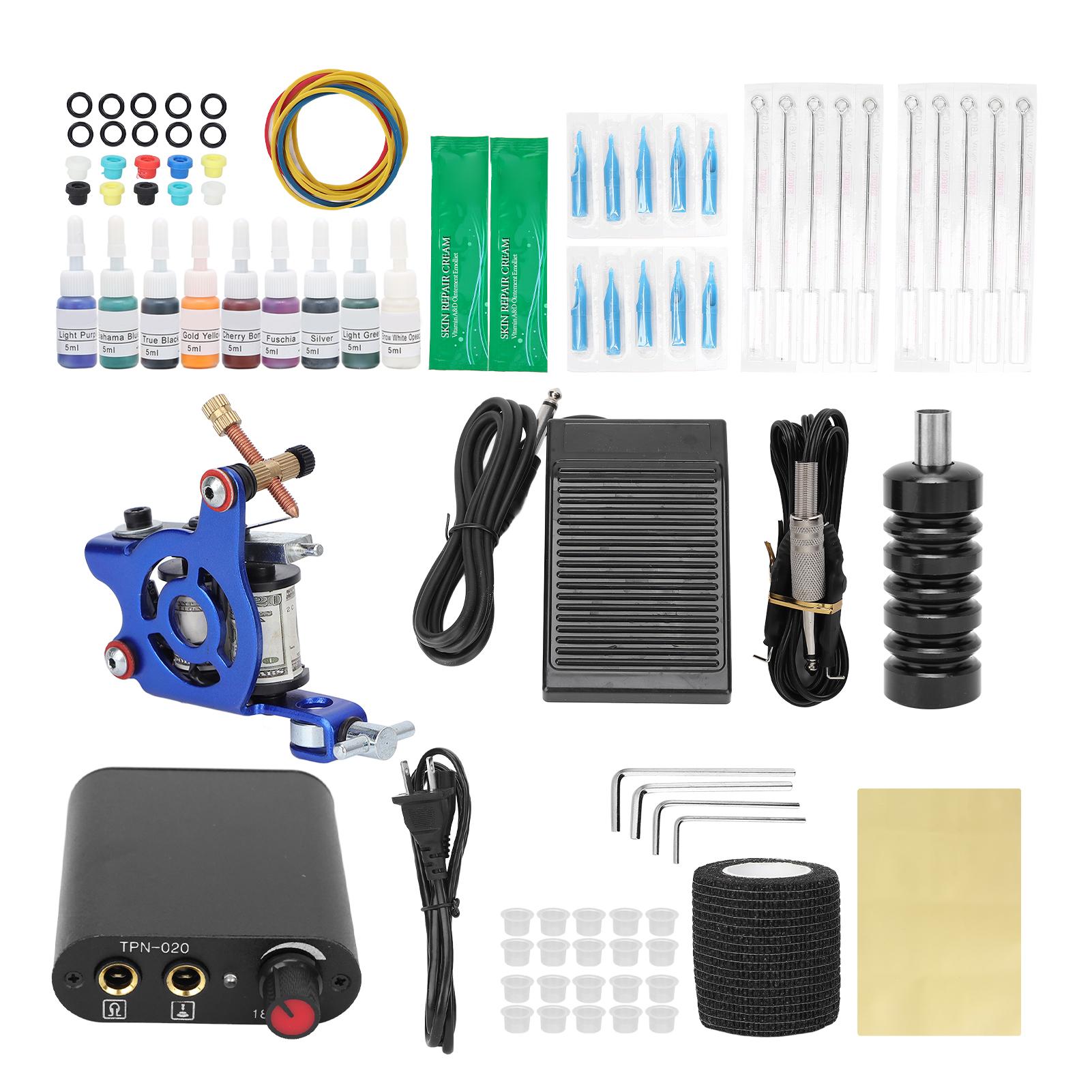 

10 Wraps Tattoo Coil Machine Kit Mini Tattoo Power Supply Complete Tattoo Machine Set for Beginners US Plug