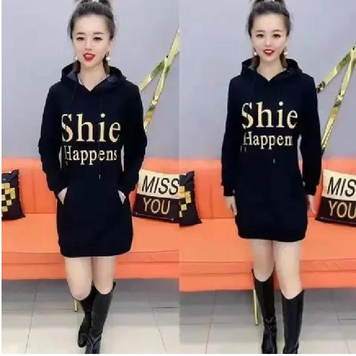 Dress autumn and winter new velvet fashion slim and thin versatile letter hooded long-sleeved sweater skirt female trend