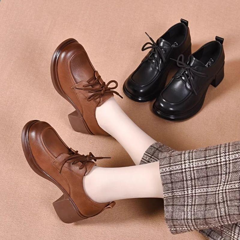 Women's new spring and autumn thick heel deep mouth lace-up to increase height and thin muffin bottom versatile work small leather shoes