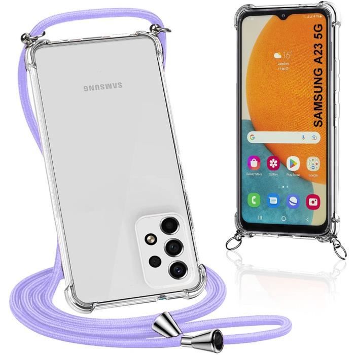 Coque de protection - BOOLING - pour Samsung Galaxy A23 5G - Silicone transparent - Chaîne violette - Anti-choc