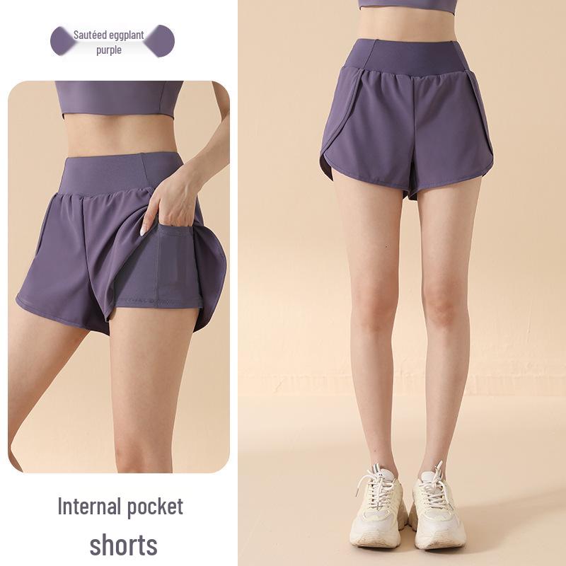 Damen Sportshorts mit hohem Bund: Fake Zweiteiler, Anti-Exposition, Lockere Passform, Seitentasche, Hüfthebung, Für Laufen & Yoga