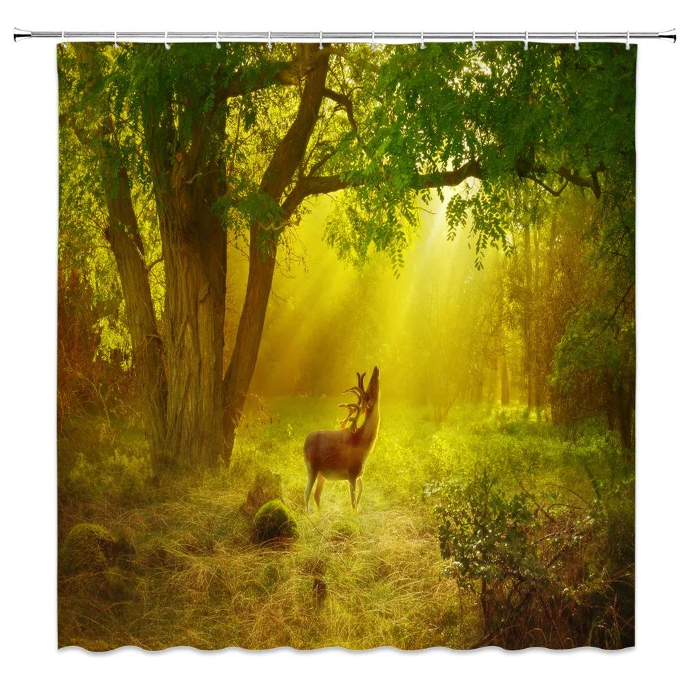 Tropical Jungle Landscape Shower Curtains Bathroom Decor Wild Animal Deer Parrot Toucan Leopard Home Bathtub Polyester Curtain