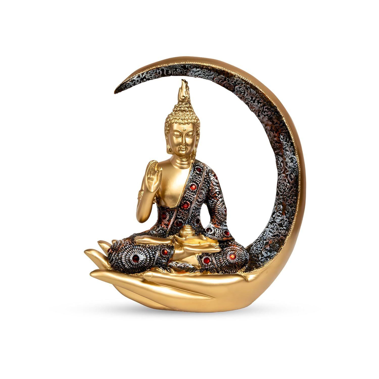 10 Inches 3D Resin Lucky Golden Crescent Moon Meditating Buddha Statue | Lord Gautam Buddha Idol for Home Decor,