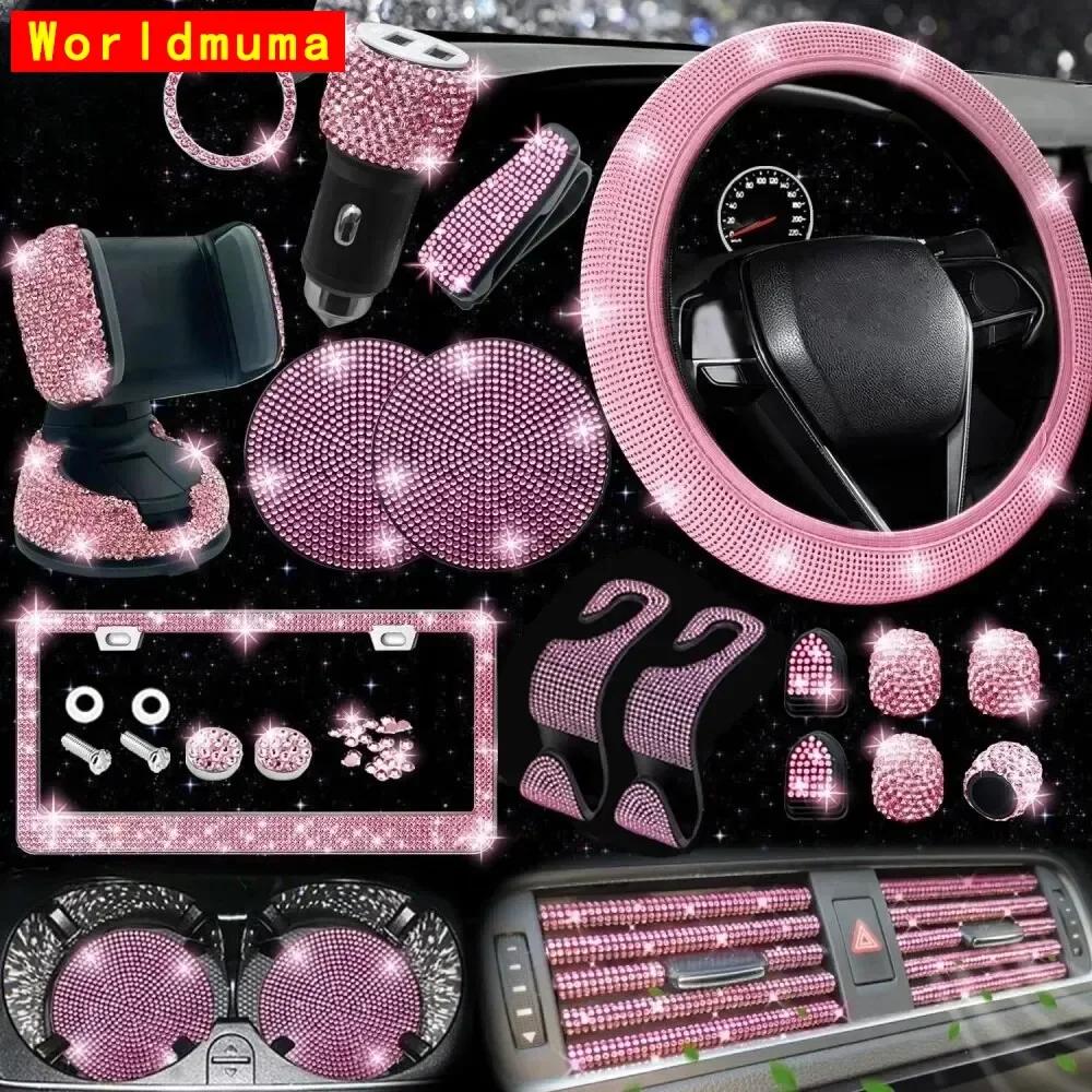 Car Accessories Set 27/4Piece Women Bling Universal Fit Polyester Steering Cover Shiny License Frame Phone Holder Coasters Tools