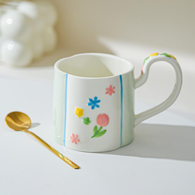 Ceramic Flower Mug Household High-value Women's Hand Cup Breakfast Cup Girl Heart Milk Cup Water Cup Underglaze Color