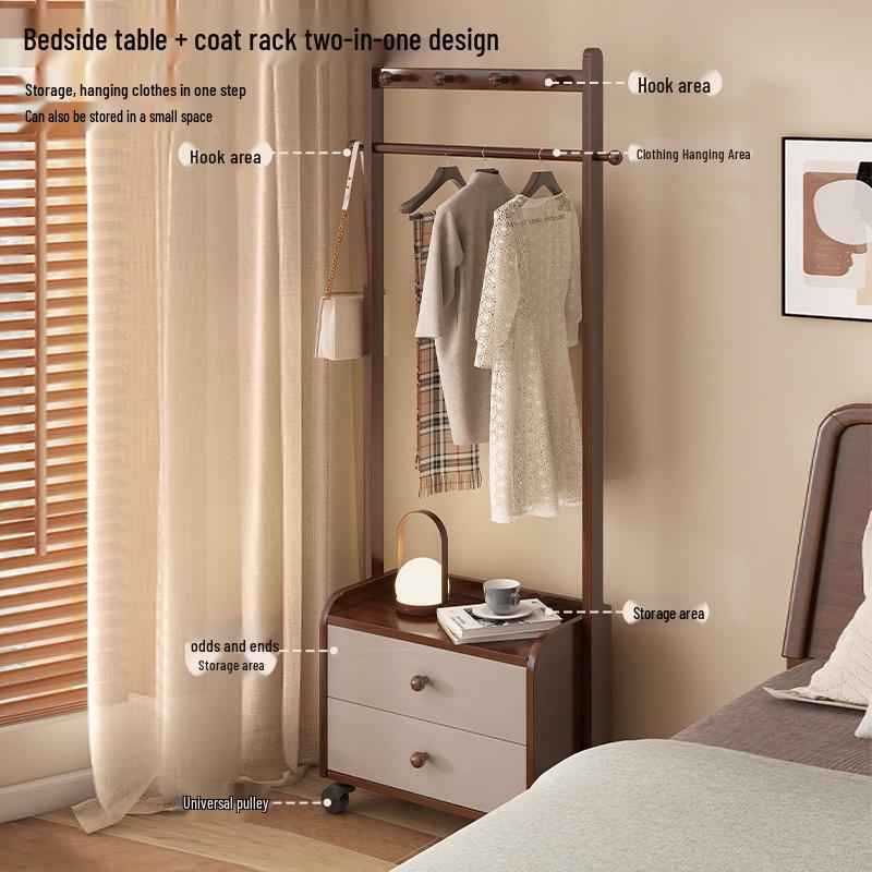 Solid Wood Bedside Table & Coat Rack with Storage Shelf – Indoor Bedroom Floor-Standing Clothes Rack