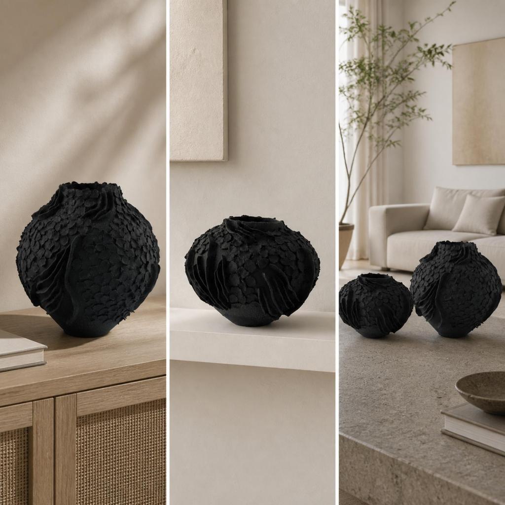 Textured Black Pottery Vase Modern for Model Room Styling