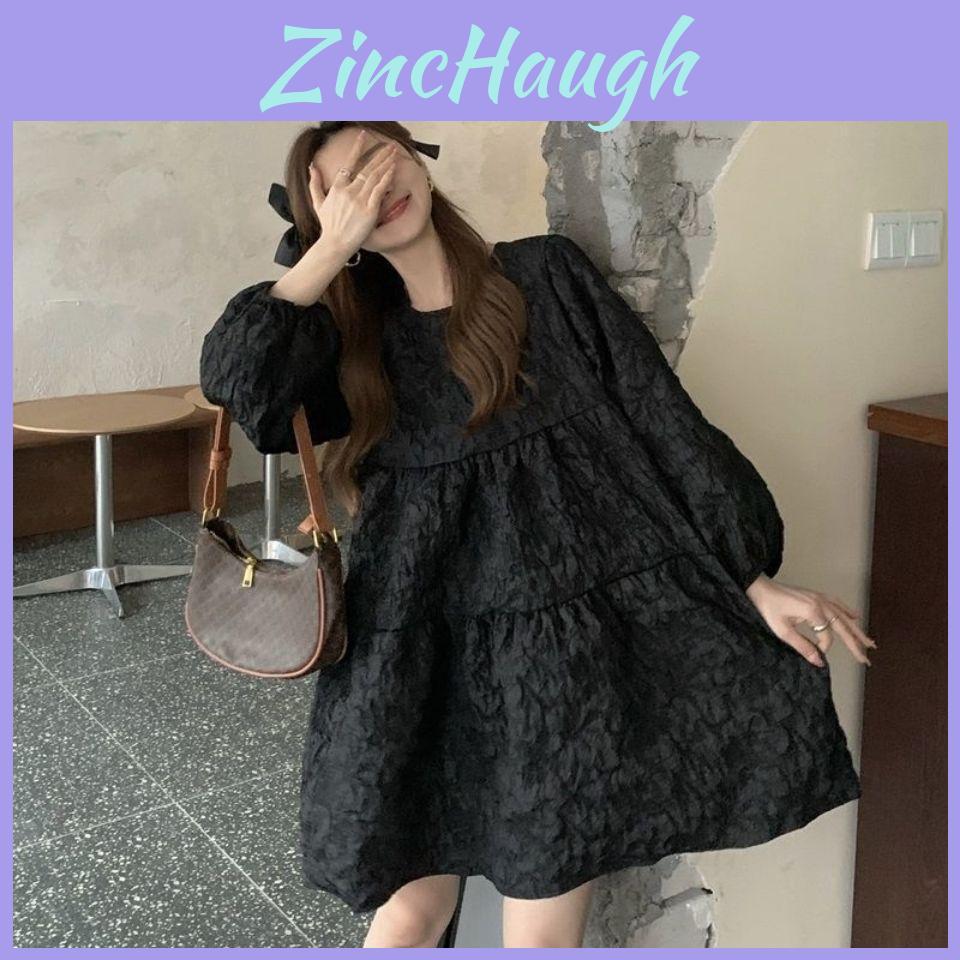 Vintage Spring Knit Dress For Women With Long Bubble Sleeves And Round Neck For Casual Wear
