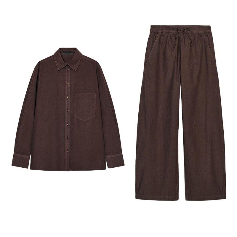 Cotton Pocket Poplin Long Sleeves Shirt 2183064 Mid Waist Poplin Wide Leg Casual Trousers 2183065