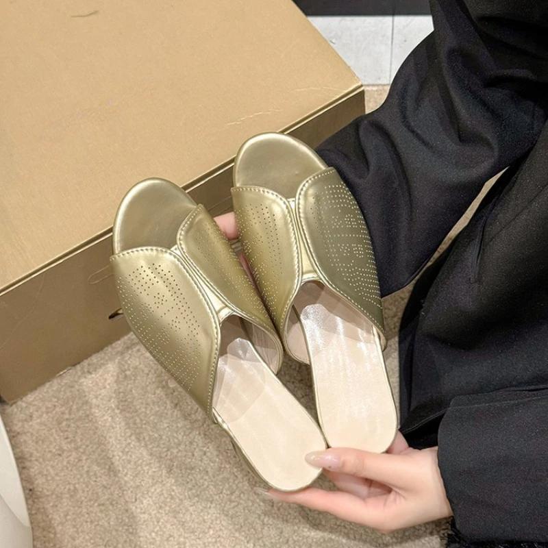 Měkké kožené pohodlné pantofle stříbrné silné podpatky dámské sandály na vysokém podpatku letní poloviční pantofle ležérní boty 35-43