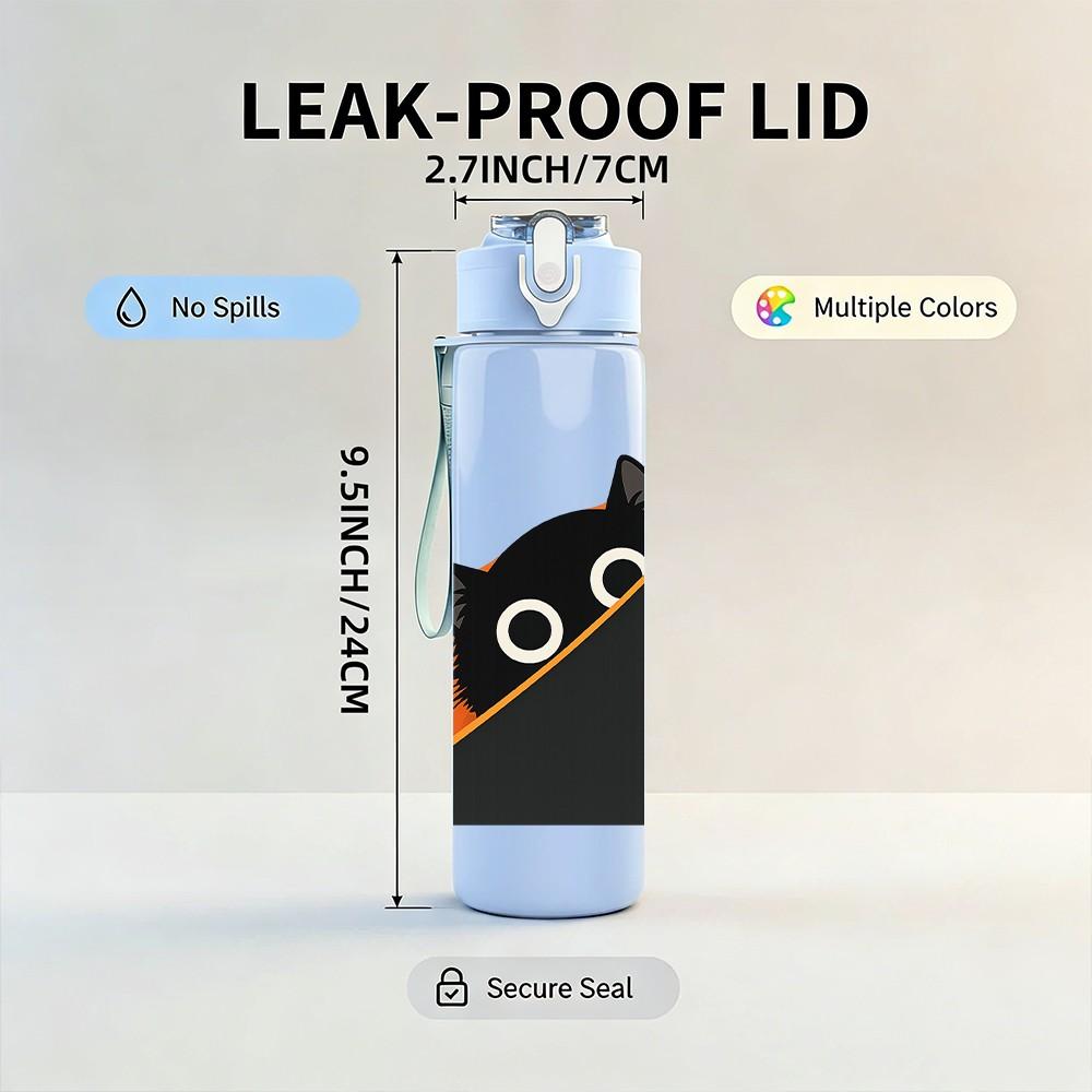 1PC Black Cat Peeking Corner Art Print 750ml Color Plastic Sports Water Bottle Leakproof Flip Straw Lid Suitable for Sports Office Home Use