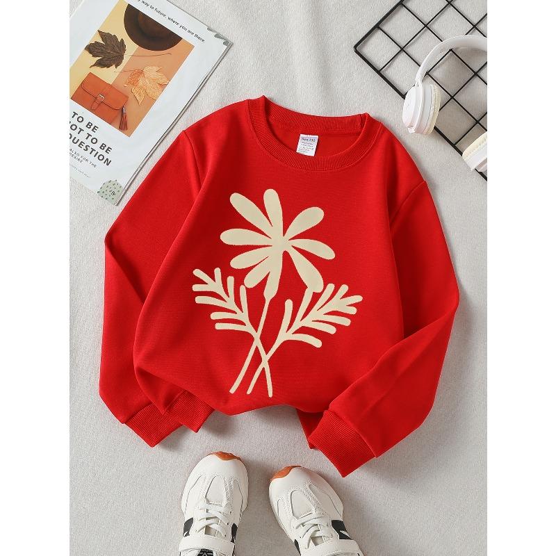 Girls' Long-Sleeve Casual Crewneck Sweatshirt | Flower Leaves Stem Design, Suitable For Outdoor Sports And Everyday