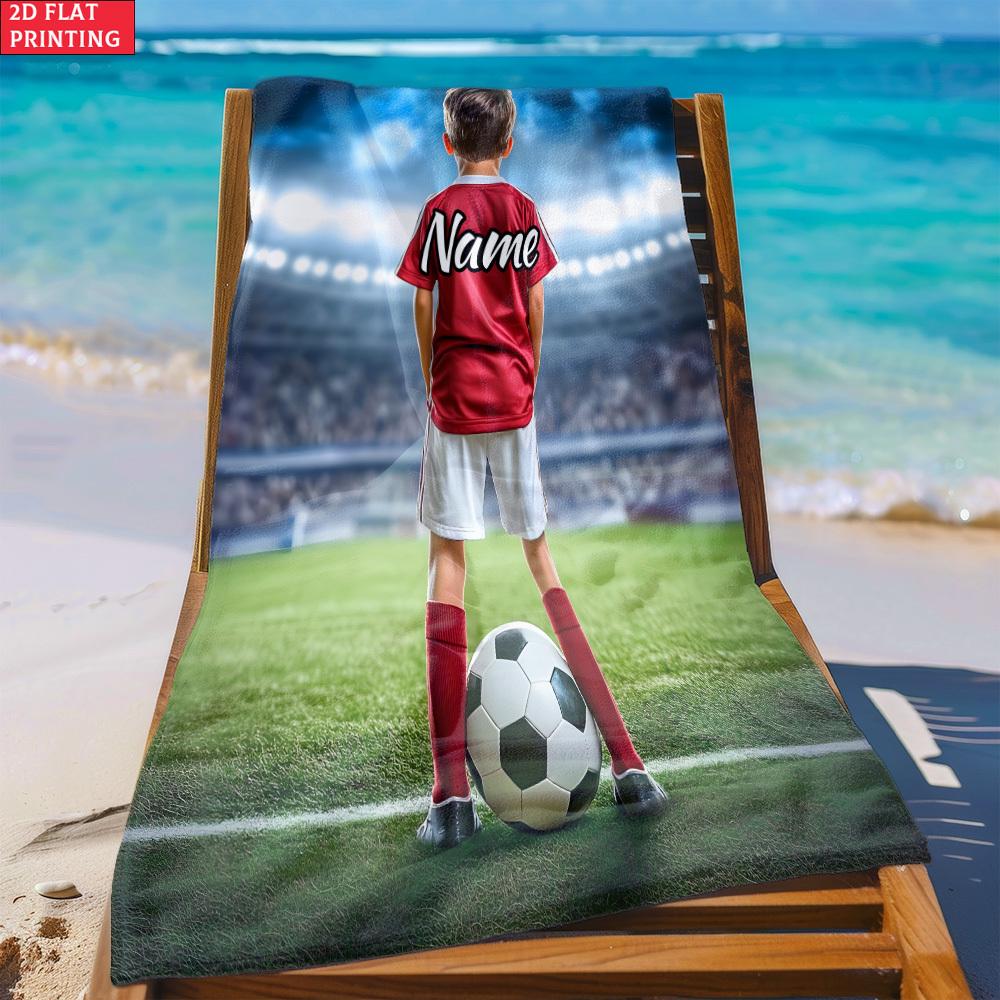 Individuelles Fußball Jungen Strandtuch Personalisierter Name Aufdruck Weiches Schnelltrocknendes Großes Badetuch für Sportfans Kindergeschenk