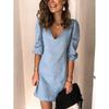 Women's V Neck Three Quarter Sleeve Solid A Line Mini Dress High Waist Casual Office Dress