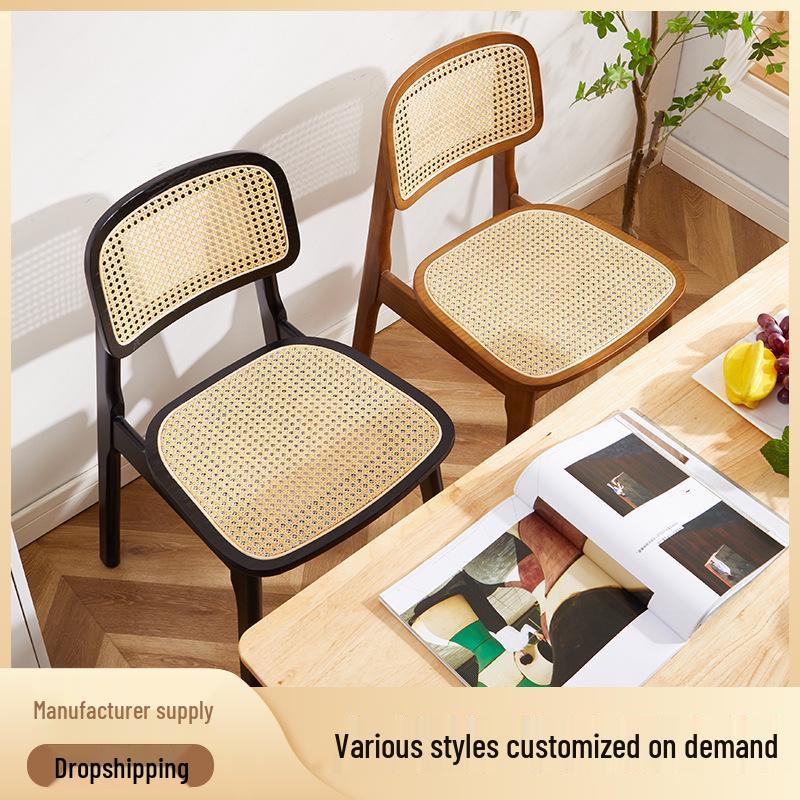 Solid Wood Nordic Dining Chair with Rattan Woven Backrest