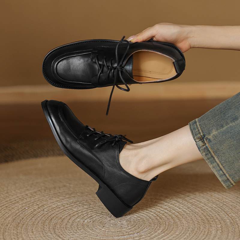 Krazing Pot Cow Skin Autumn Winter Brogues Shoes Lace Up Low Heels Size 42 Round Toe Oxford Shoes Deep Mouth Pumps