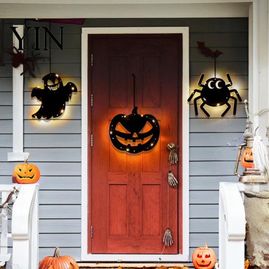 Realistic Halloween Patterns Pumpkin Hanging Decor, Non-Woven Ghost Ornament with Light String, Spooky Celebration Decor Door Wall for Party