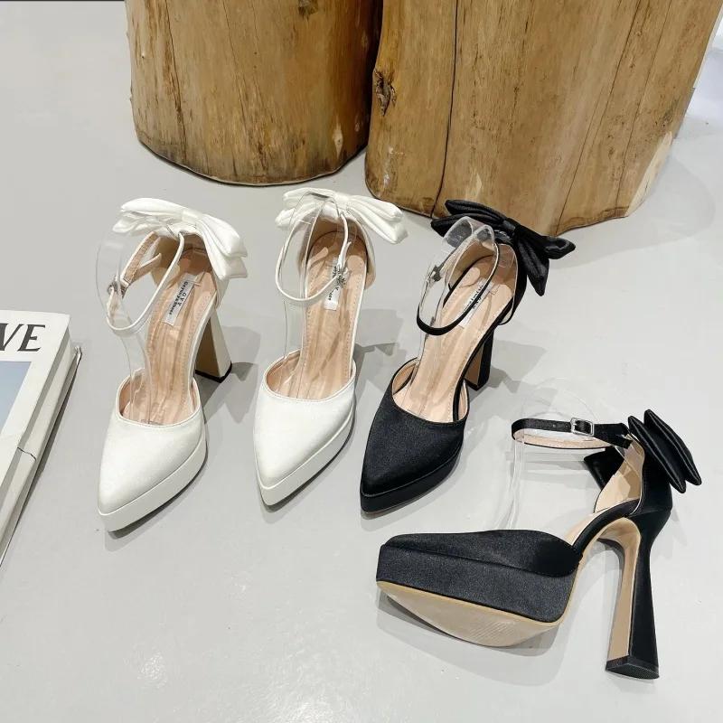 High Heels Women 2025 Summer New Fashion Satin Face High Heel Sandals Bow One Word Buckle Pointed Toe Thick Heel Women's Shoes