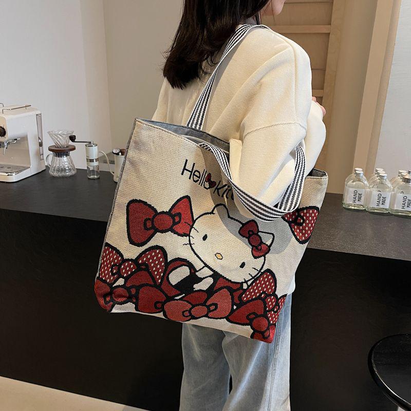 Geantă tote de pânză pentru femei cu capacitate mare și broderie de desene animate