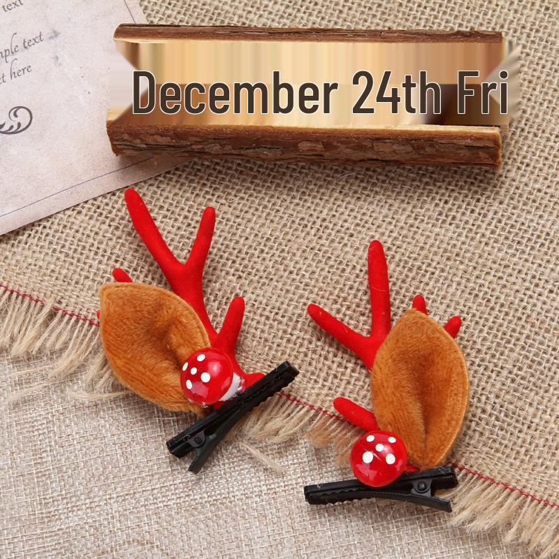 2025 Trendy Christmas Headband with Mushroom Ears & Antlers - Plush Hair Clip for Live Stream or Dress-up