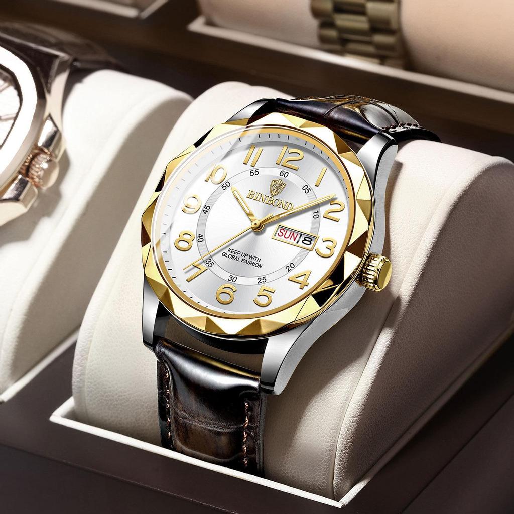 Binbang Ultra-thin Luminous Men's Quartz Watch - Automatic Movement, Waterproof with Calendar, Leather Strap, Business & Fashion Style.