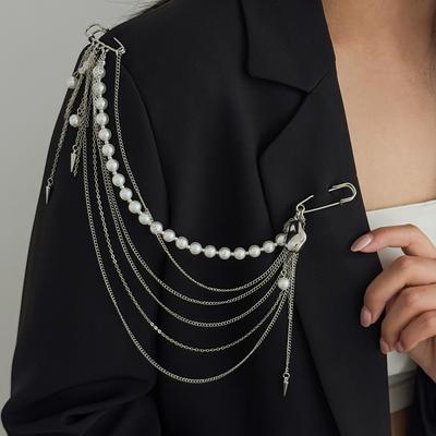 Multi Style Pearl Crystal Beaded Multi Layer Tassel Chain Dual Lapel Pin Brooches for Women Minimalist Suit Coat Decor Jewelry