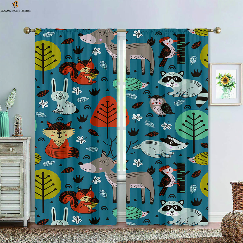 Cartoon Tier Wald Bedruckte Vorhänge Verdunkelungsvorhänge Kinderzimmer Arbeitszimmer Studentenwohnheim Dekorative Vorhänge Heimdeko 2 STÜCKE
