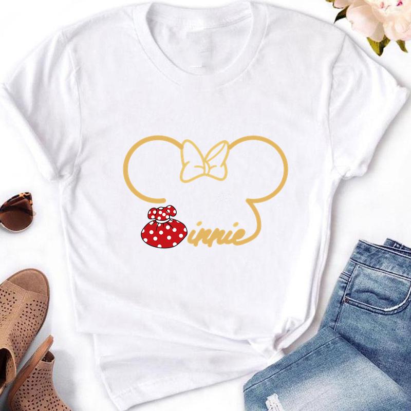 

2025 Дисней Микки Минни Маус Модный принт Женская Белая Футболка Девушка Короткий Рукав Круглый Вырез Повседневный Топ для Женской Одежды 4XL