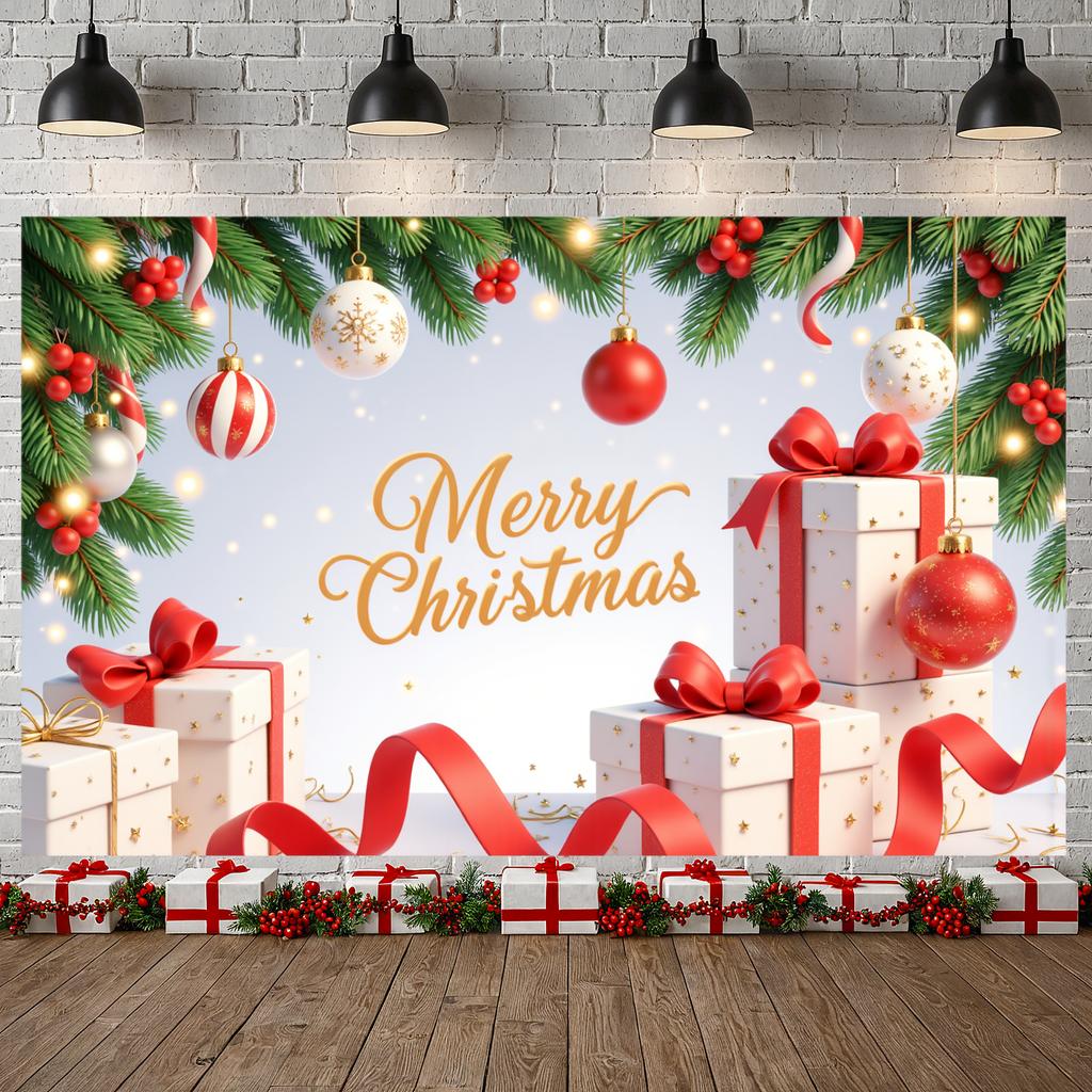 Baner na przyjęcie świąteczne ze złotymi akcentami, tło na wydarzenie, dekoracja świąteczna, gałązki choinkowe, świąteczny baner na wydarzenie sezonowe, do domu