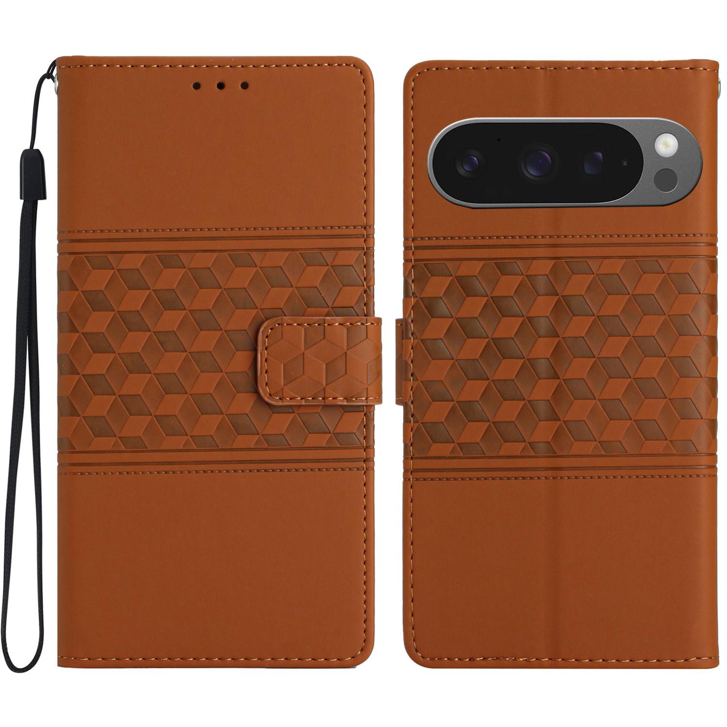 

For Google Pixel 9 Pro XL Case Rhombus Leather Horizontal Flip Phone Cover Brown