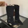 Mi Ting 2025 new two-wear pointed-toed thin-heeled high boots women's suede folds piled up boots but knee belt buckle