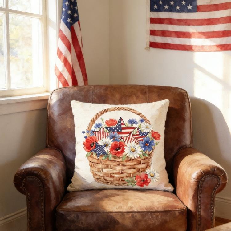 Star Striped Flower Wreath Throw Pillow Case 4th of July Patriotic Independence Memorial Day US Flag Cushion Cover