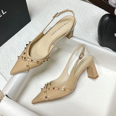 High Heels Women's Rivet Sandals French Temperament Back Empty Thick Heel Sandals Women High Heeled Sandals