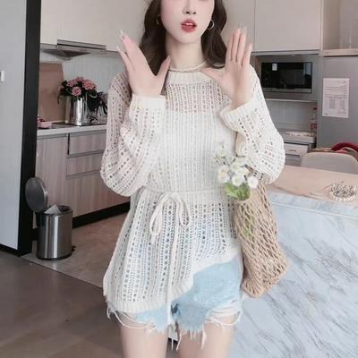Irregular Hollowed Out Knitted Women's Summer Design Sense Tied Waist and Sun Protection Shirt Paired with Air Conditioning Cover Top