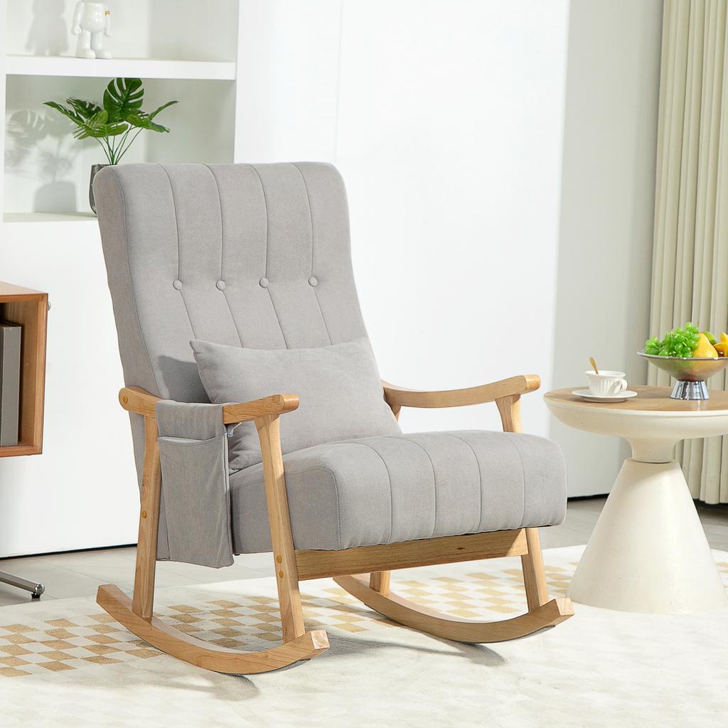 Rocking Chair with Lumbar Cushion, Wide Seat, Rubberwood Frame, Up to 120 kg, Gray