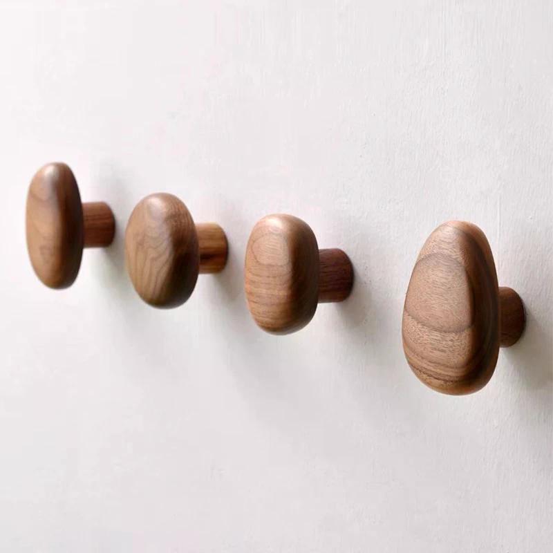 Solid Wood Handle Clothes Hook Coat Hook Wall-mounted Hook Punch-free Door Clothes Hanger Pebble Shape Cabinet Door