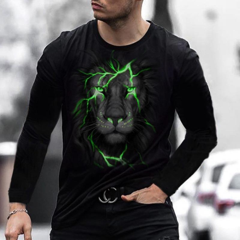 European American men's casual T-shirt with fierce animal 3D digital printing loose men's round neck long sleeved T-shirt