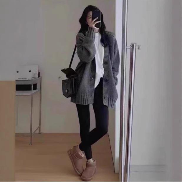 Women's V-Neck Pure Wool Mid-Length Cardigan Coat, Elegant Gray - Autumn/Winter Style