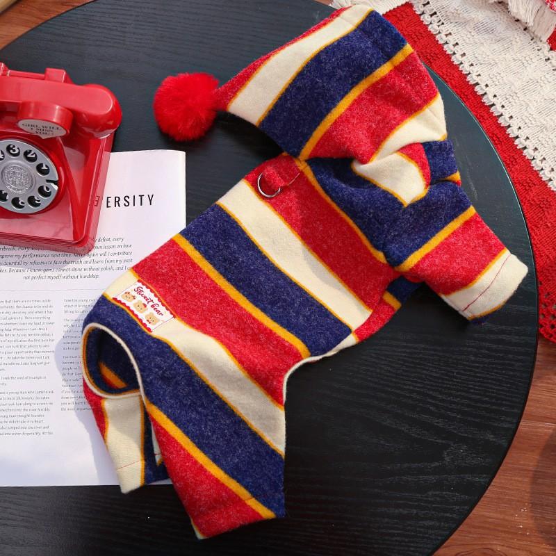 Pet Winter Warm Fleece-Like Four-Legged Bodysuit With Belly Cover British Style Striped Design Dogs Cats