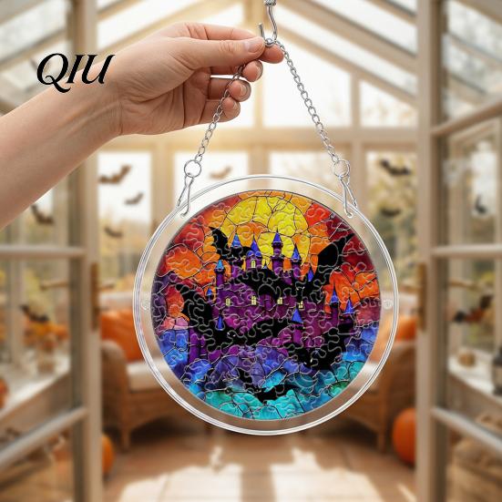Unique Sun Catcher Gift Halloween Scary Bat Pumpkin Acrylic Jigsaw Puzzle Suncatcher, Stained Glass Style Rainbow Shadow Decor Window