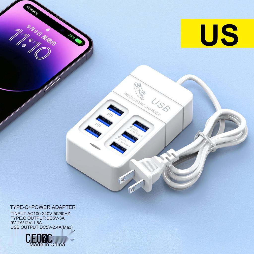 35W Multi-Port Power Strip Charger with 3 PD & 3 USB, 6 Sockets, and 3A Fast Charging