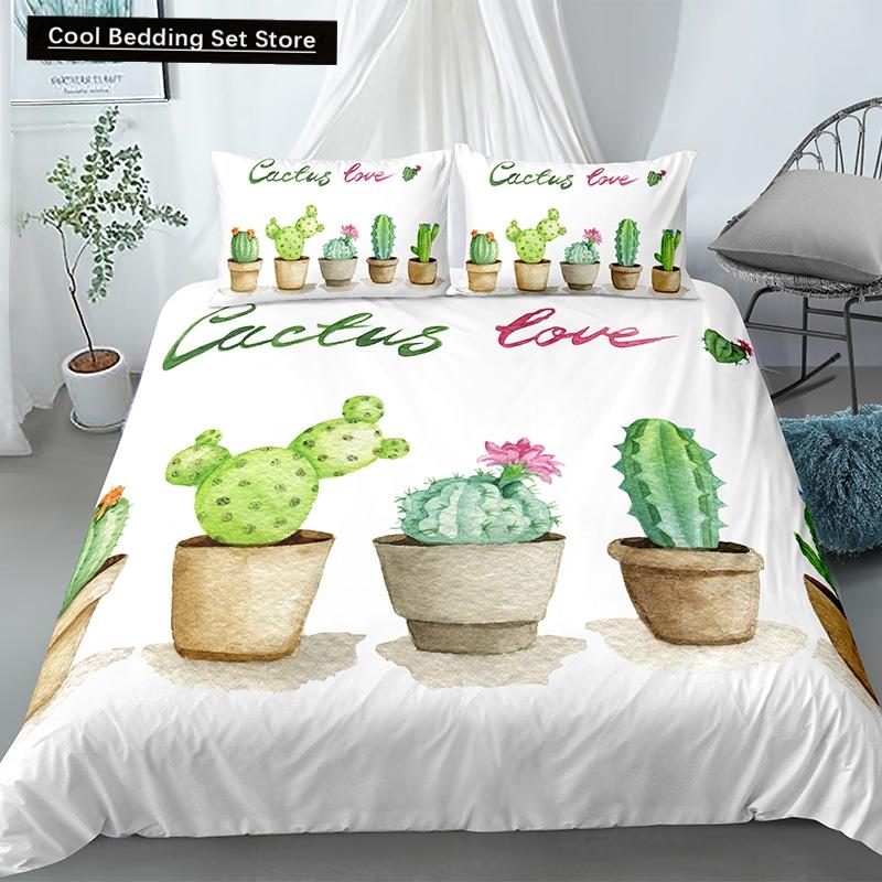 Cactus King Queen Duvet Cover Succulents Bedding Set for Kids Teens Adults Green Botanical Flowers 2/3pcs Polyester Quilt Cover