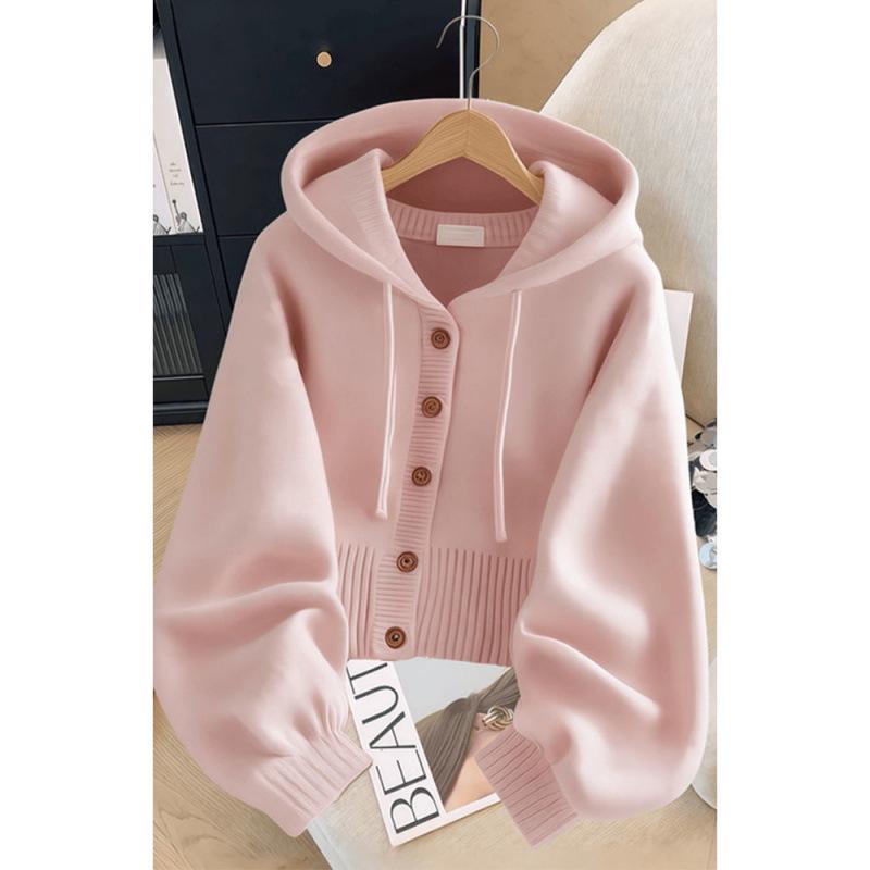 Women's Pink Knitted Hooded Cardigan - Soft & Loose, Korean Style Sweater for Spring & Autumn