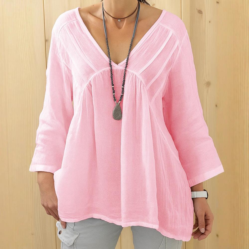New Women's Casual V-neck Long-sleeved Loose Pullover Solid Multi-color Women's T-shirt