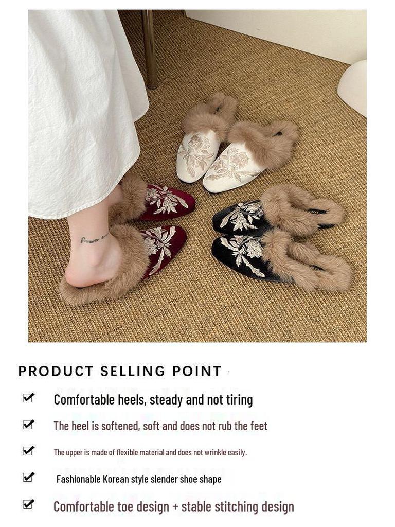 2025 Herbst/Winter Damen Samtgefütterte Kaninchenfell Halbzellen-Mules
