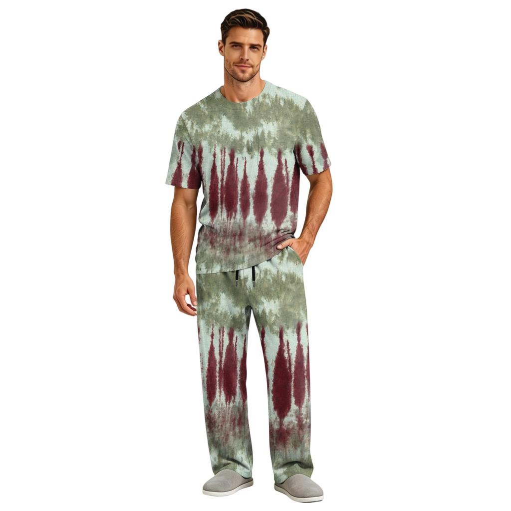 Men's Home Pajama Set, Short Sleeve Top and Long Pants with Button Fly and Drawstring Waist