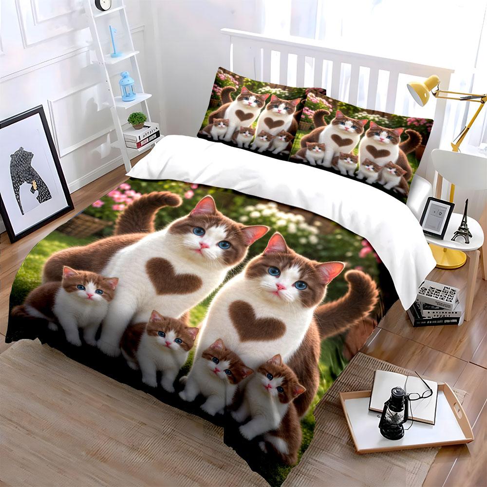 Heart Pattern Cat Family Print Bedding Duvet Cover Set  (1*Duvet Cover 2*Pillowcases, Without Duvet Insert)