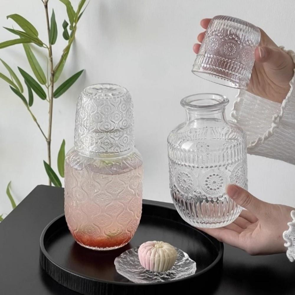 Retro Transparent Glass Water Bottle Embossed Pattern Large Capacity Glass Cups with Cup Cold Water Kettle Coffee Drinking