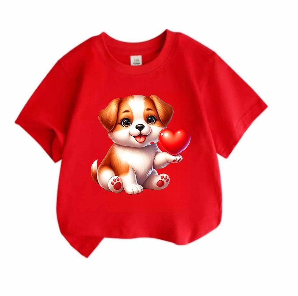 Kids Boys Girls 100% Cotton Crew Neck Short Sleeve T-Shirt, Cute Cartoon Puppy Hold Red Heart Print Soft Casual Tees for Children Summer Daily Wear To
