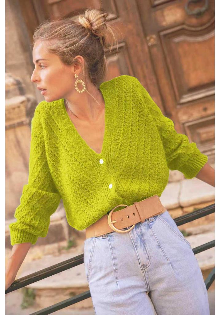 Damen V-Ausschnitt Mohair Cardigan - Langarm, Lochmuster, einfarbige Basis für Frühling & Herbst